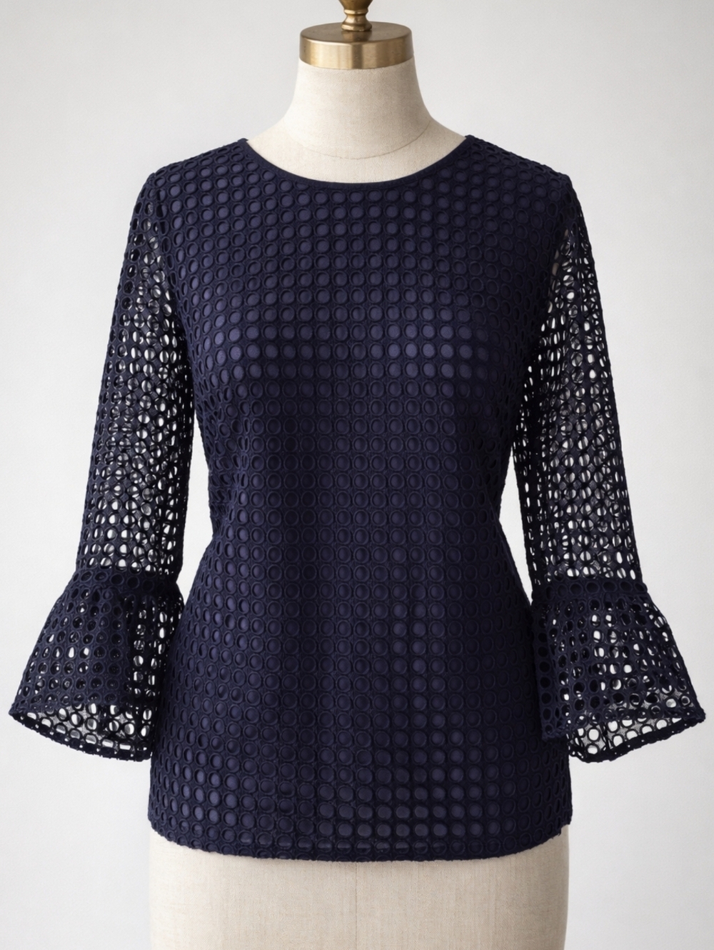 ANN TAYLOR Navy Blue Eyelet Lace Ruffle Bell Sleeve Top Size M